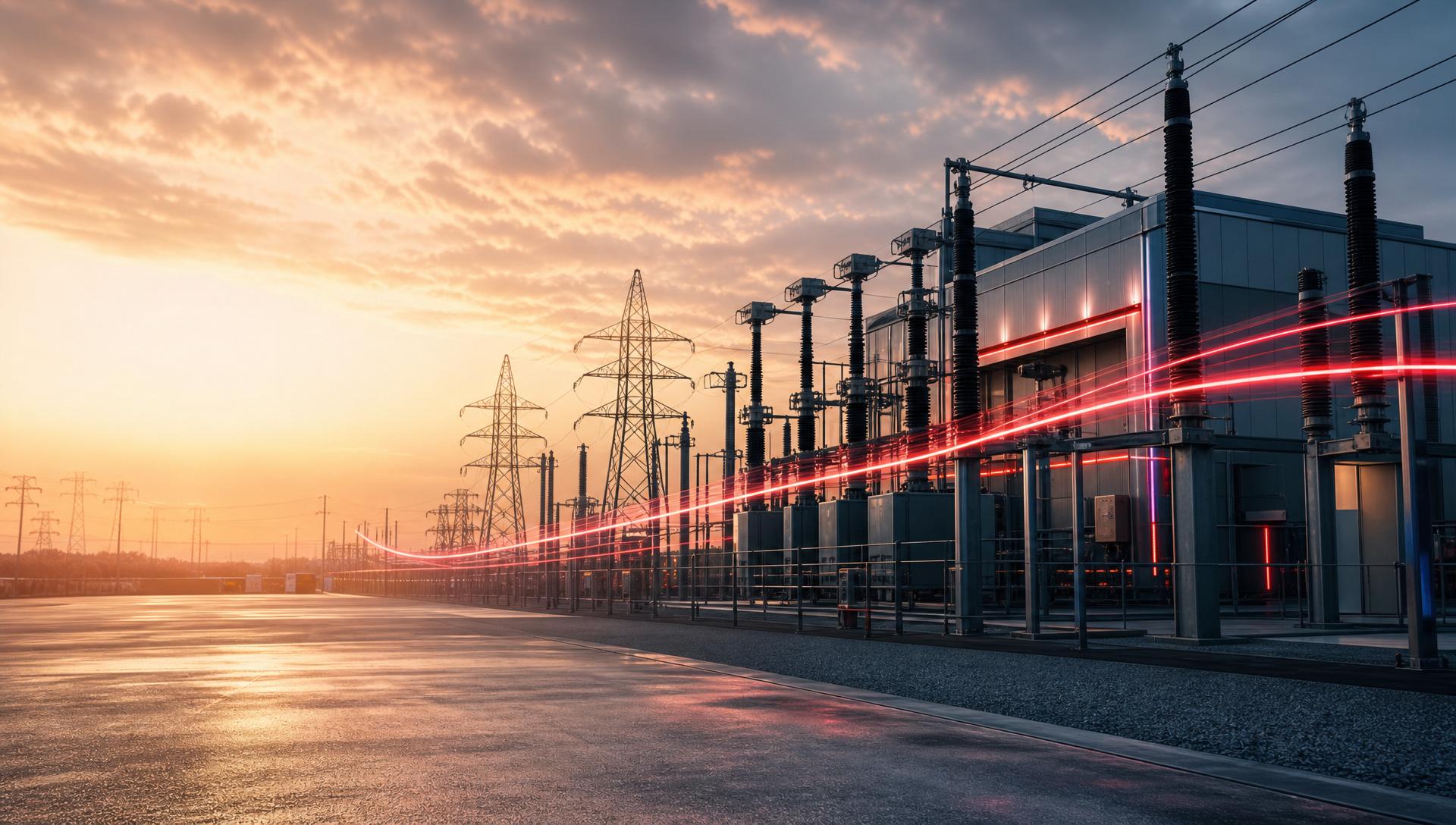 Modern electrical substation at sunset with red energy light streak