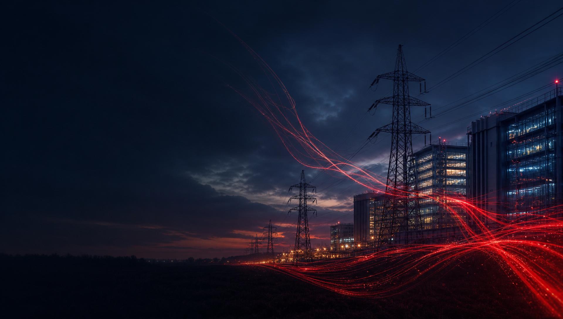 Commercial buildings and high-voltage transmission infrastructure with flowing red energy waves at twilight