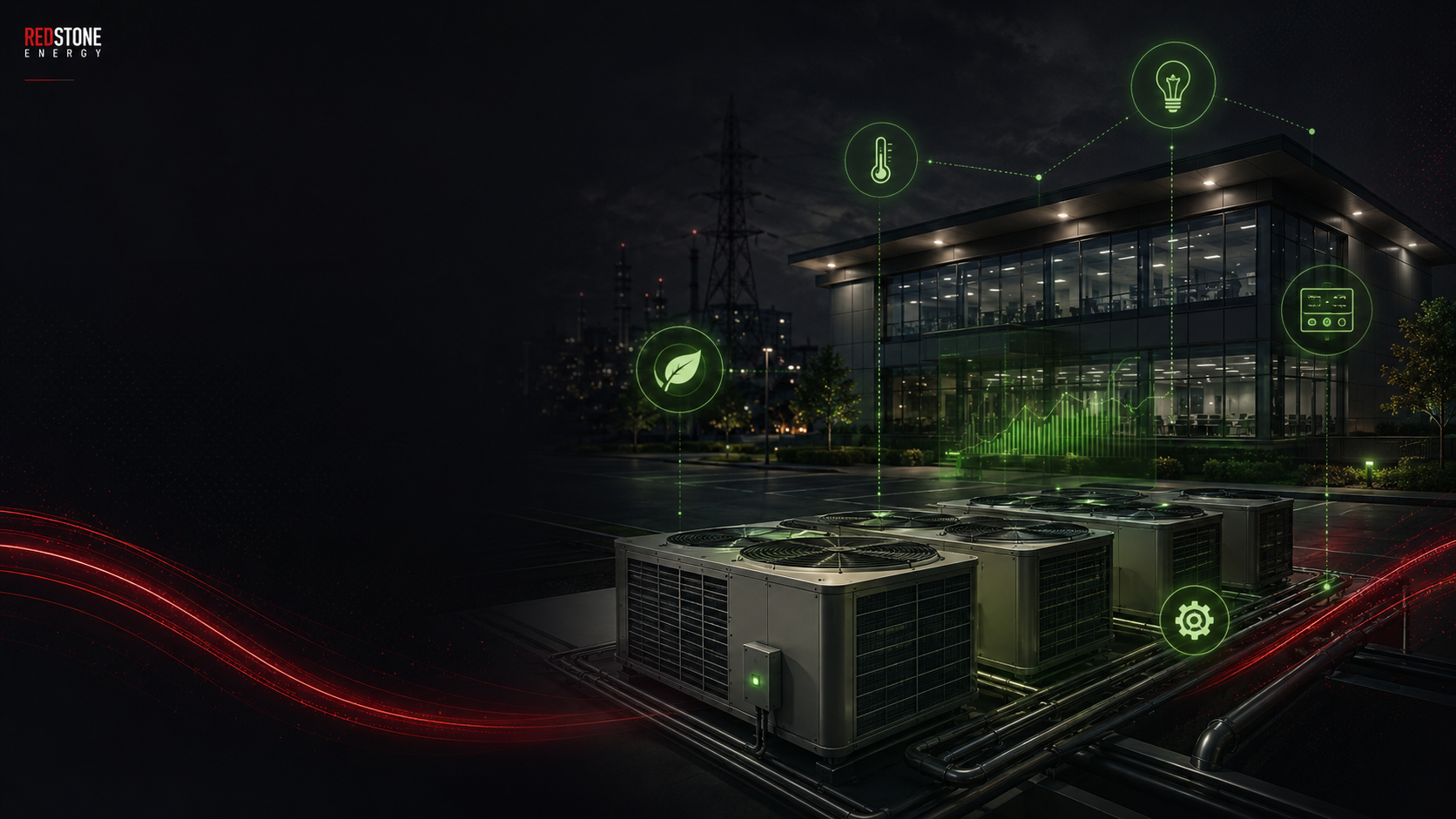 Modern commercial building with green energy efficient systems and red energy wave